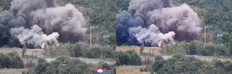 朝中社发部爆破东海线公路的图片(左),与南韩军方监视设备拍摄的影片画面(右)几乎相同。(图撷自网路) 朝中社发部爆破东海线公路的图片(左),与南韩军方监视设备拍摄的影片画面(右)几乎相同。(图撷自网路)