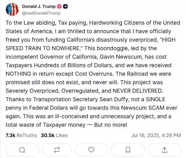 川普撤销对加州高铁40亿拨款 17年花130亿建了个啥?