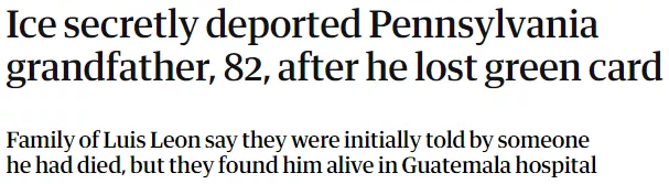82岁老人丢失绿卡去补办 竟遭ICE秘密驱逐