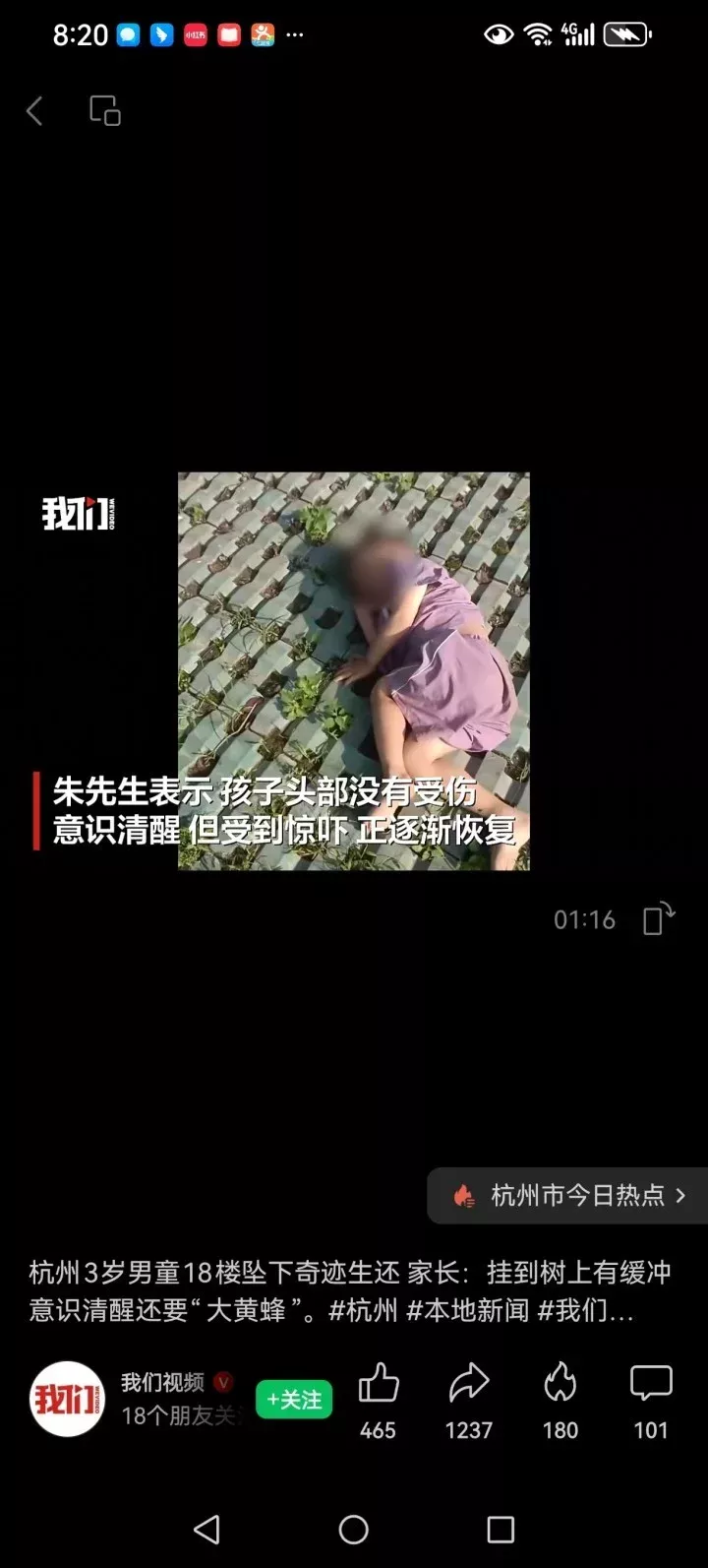 孩子18楼坠楼生还，妈妈给救命树系红花