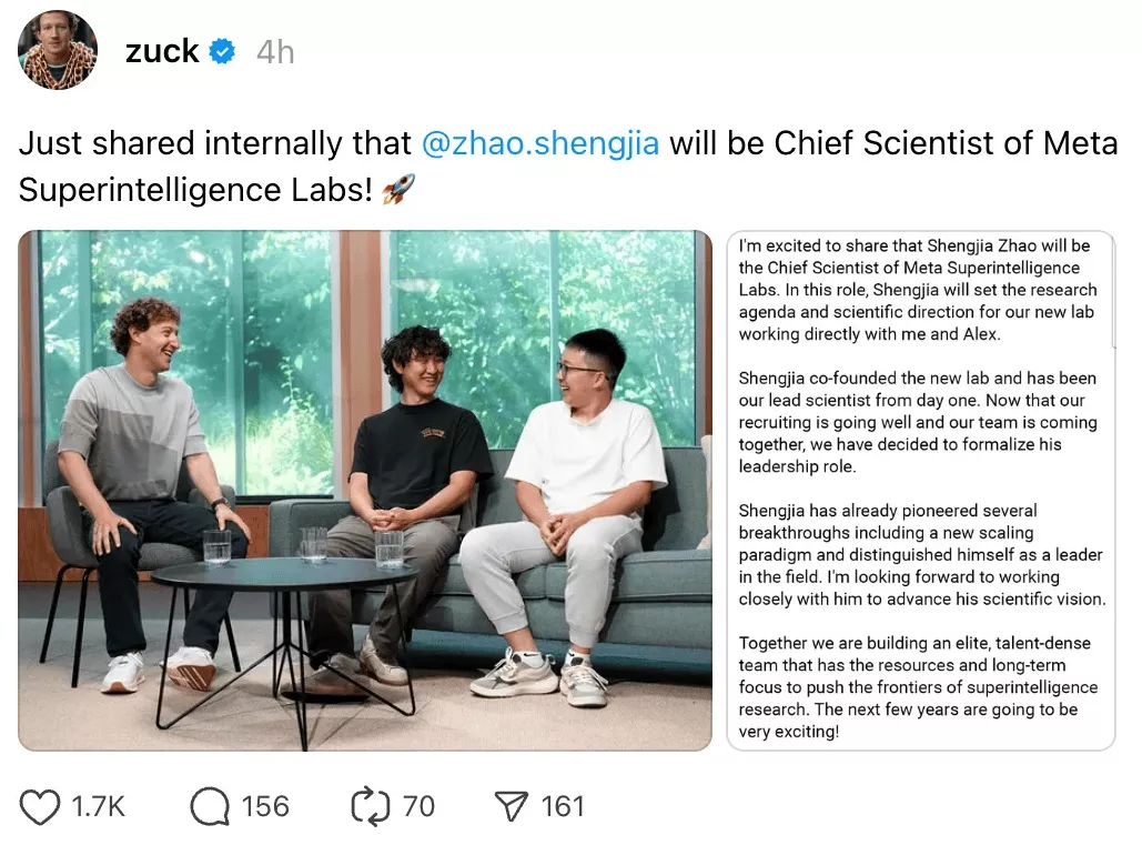 扎克伯格:任命这位华裔为Meta的首席科学家