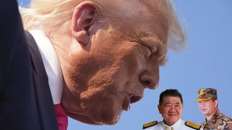 美国总统特朗普成功以关税,迫使泰国代理总理普谭(中)与柬埔寨总理洪马内同意停火。 合成画面。 美联社