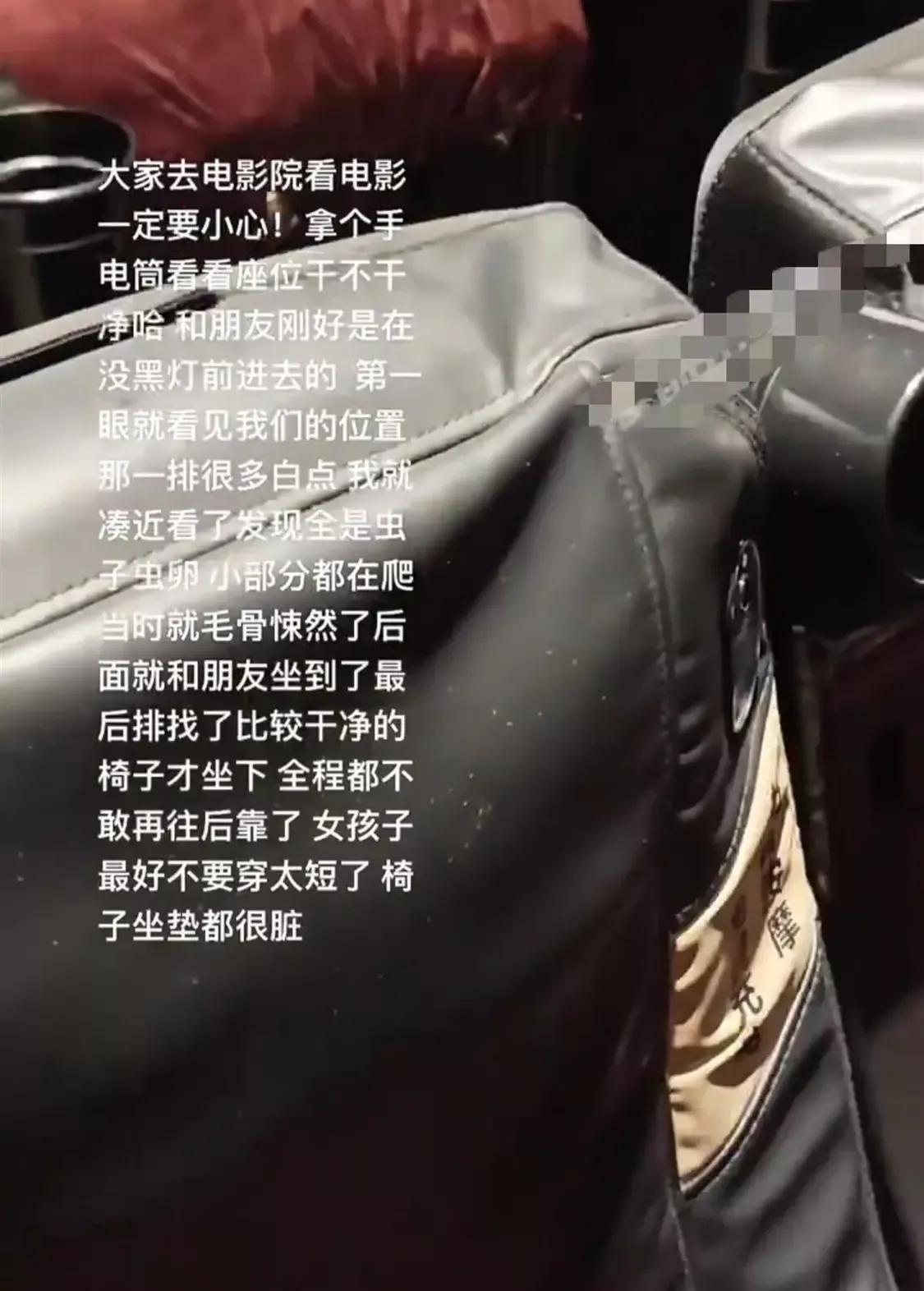 女子发现影院座椅布满白色虫卵 店长：背套全更换