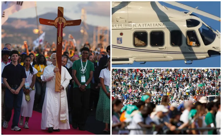 教宗良十四世搭乘直升机抵达,亲自扛着大型木十字架登上主祭坛。 美联社、路透 教宗良十四世搭乘直升机抵达,亲自扛着大型木十字架登上主祭坛。 美联社、路透