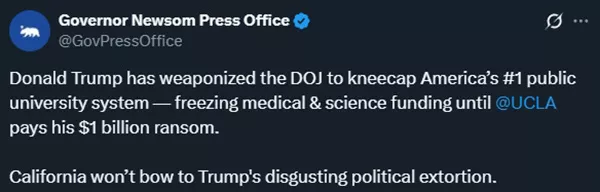 特朗普向UCLA索要10亿美元和解金,加州州长:政治敲诈