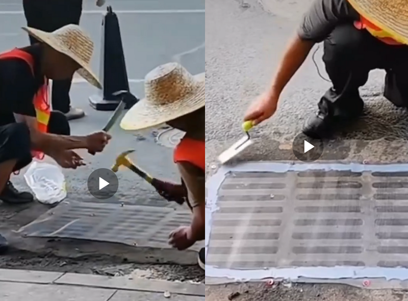 网友指出，官方为了防疫在下水道安装防蚊网，排水受阻害淹水。（撷取自微博影片）