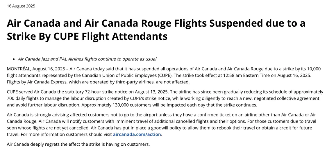 加拿大航空因空乘罢工紧急停飞 航班全面暂停运营