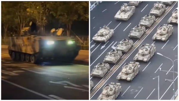 据北京市民拍到的画面显示,大量坦克和装甲车排队进城。