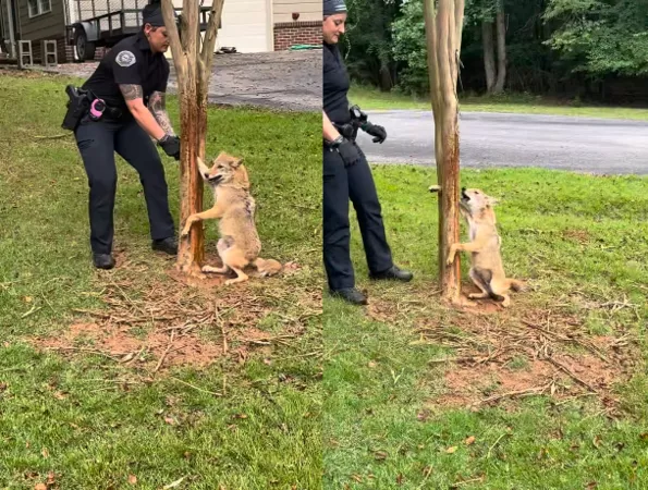 郊狼前脚窘卡树"见警察来更慌",网友惊讶:以为是狗