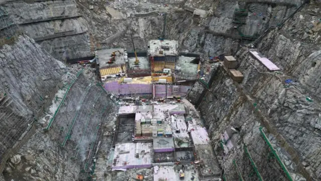 Aerial view of Yebatan Hydropower Station, which is situated on the upper reaches of the Jinsha River, under construction on March 29, 2023 in Shannan, Tibet Autonomous Region of China