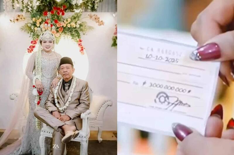 这场婚礼事后成为网上热门话题，也因此浮现出各种阴谋论与负面争议，像是质疑30亿印尼盾支票其实是伪造的。（图撷取自社群平台「X」，本报合成）