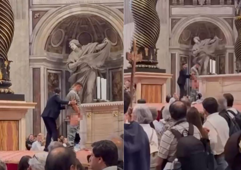 梵蒂冈圣彼得大教堂惊现男子爬上告解祭坛脱裤尿尿。（撷取自@metesohtaoglu/X）