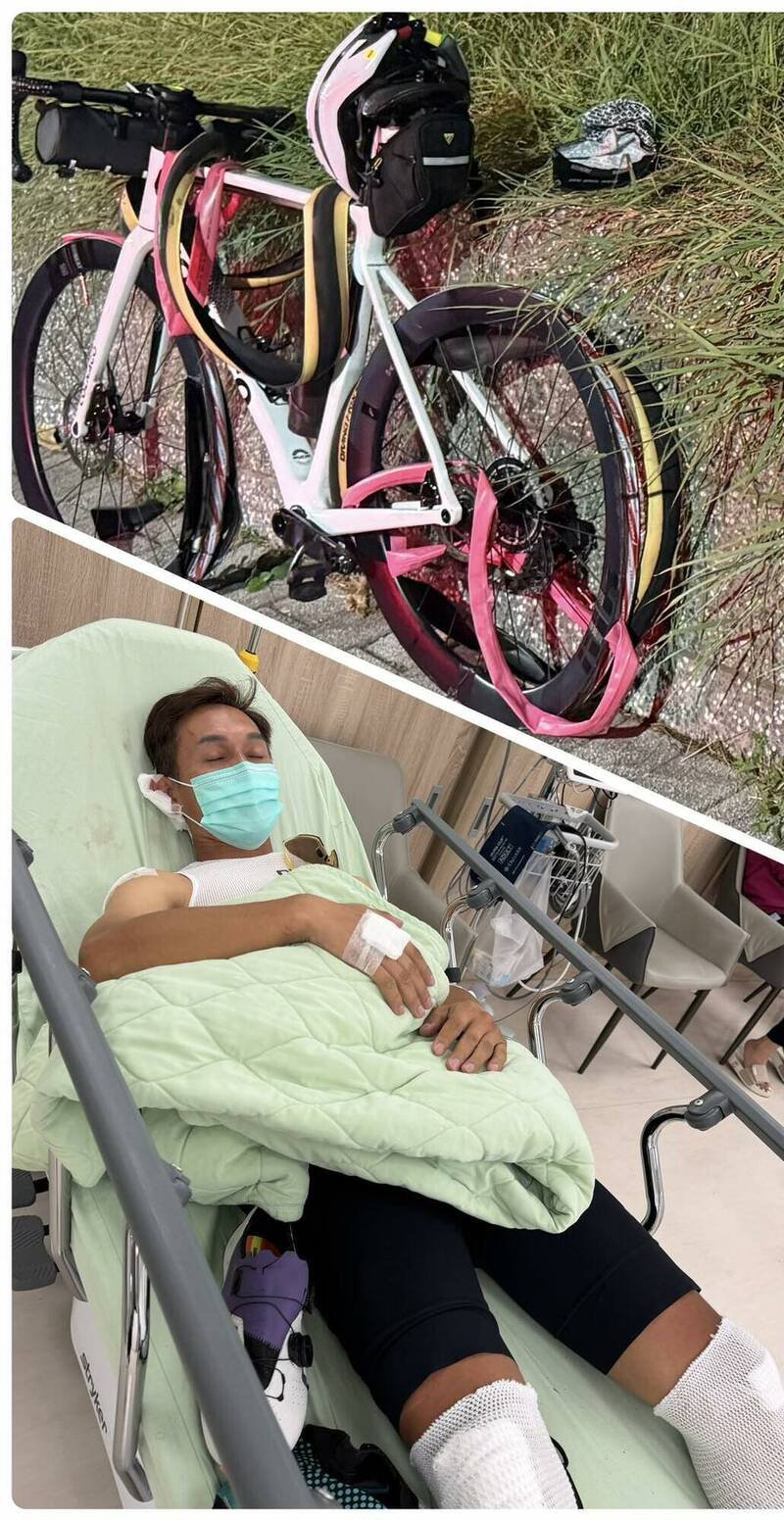 自行车国手出身的新竹县竹北市民代表彭竣志在长距离训练路上，遭酒驾驾驶撞上，受伤住院。（撷取自彭竣志脸书粉专）