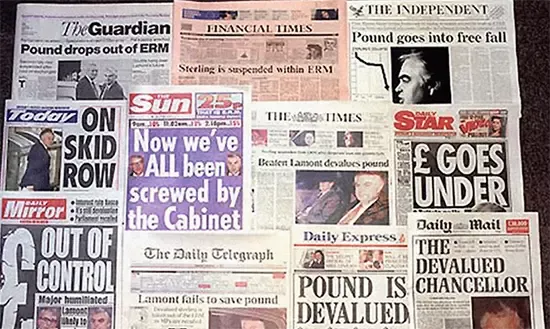 1992年“黑色星期三”后，英国报纸封面 纽约时报