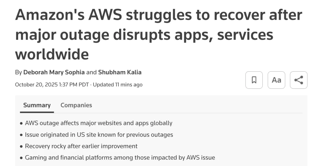 全崩！AWS宕机：航班延误 银行瘫痪 多国陷“数字停摆”！
