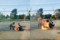 加油突起火!妇人发动机车瞬间燃烧 员工机智灭火画面曝光