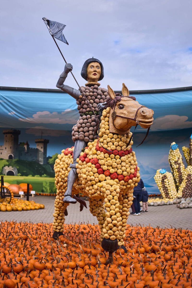 法国民族英雄圣女贞德（Joan of Arc）骑马的英姿，在德国南瓜节上以南瓜雕塑的形式重现，借此向这位中世纪的女战士致敬。（美联社）
