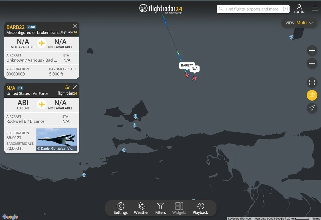 Flightradar24网站上显示的B-1轰炸机航迹 社交媒体