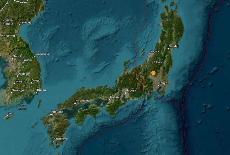 日本栃木县内陆发生规模4.7地震。（图撷自USGS网站）