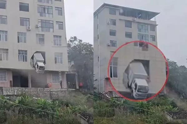 湖北货车“撞破2楼墙面” 车头卡半空惊险画面曝