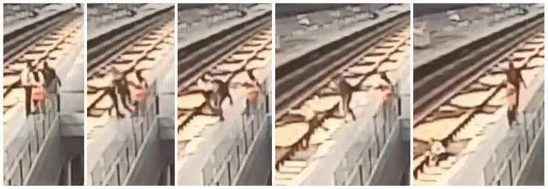 台中逃票男（黑衣者）将站务人员推下轨道，受害者呈大字型落轨（第4图）骨折。（资料照）