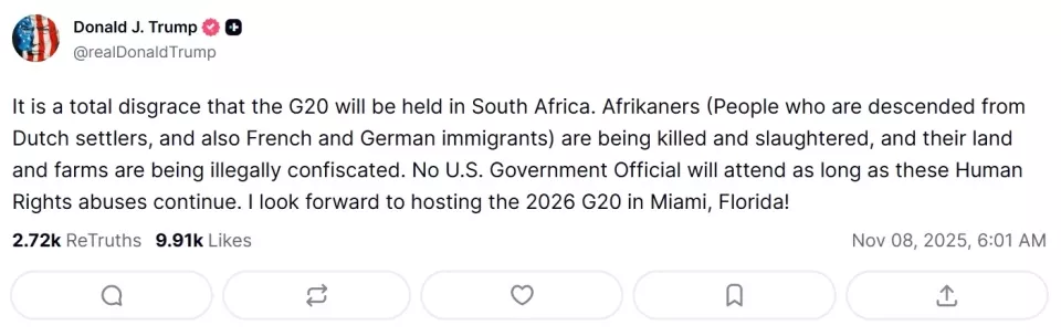 特朗普:南非对白人搞“屠杀”,G20峰会美国不去了