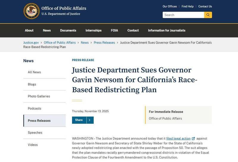 美国司法部对提告，阻挡「加州选区重划案」。（撷取自美国司法部网站）