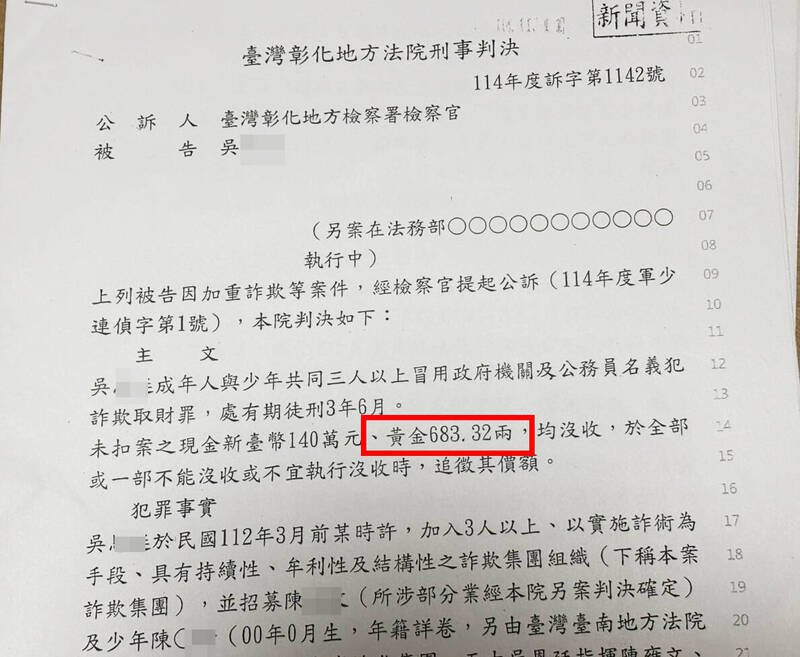 吴姓「收水手」被判刑3年6月、「黄金683.32两」被没收。（记者颜宏骏翻摄）