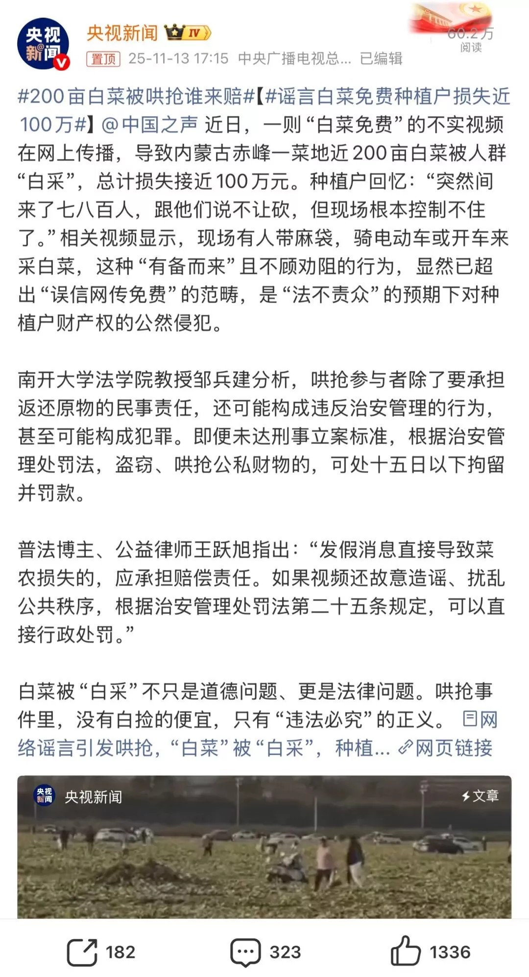 谁该为200亩白菜负责?官媒转发谣言让菜农血本无归