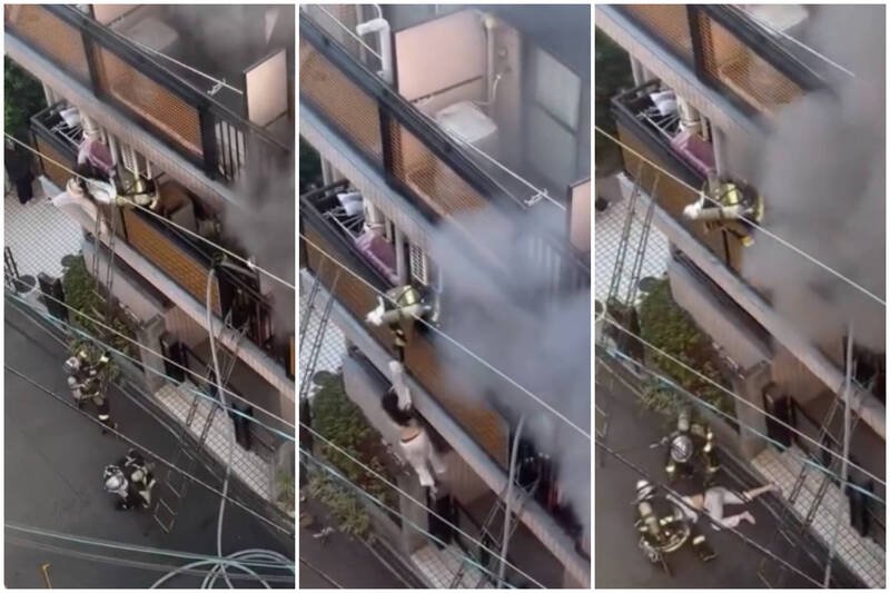 日本大阪市相川车站附近一栋公寓发生火警，女住户疑因过于惊慌，不仅踢倒梯子上的消防员，自己也不慎坠落地面。（本报合成，撷取自Threads）