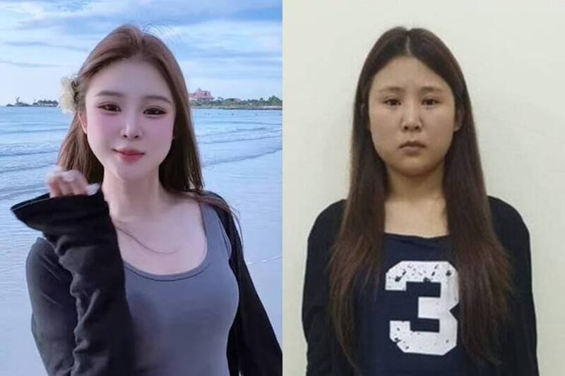 中国网红「橙子姐姐」涉诈被捕，其在频道上发布的照片（左），与被捕后的真容（右）让网友直呼修超大。（合成图）