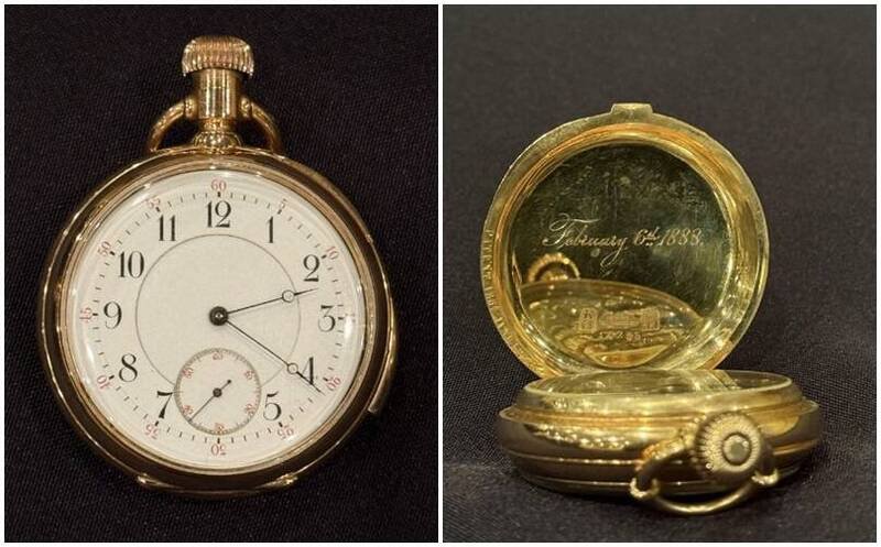 罹难美国富商史特劳斯拥有的18K金怀表，以178万英镑的天价落槌，怀表上的时间永远停在铁达尼号沉没一刻。（图撷取自「Henry Aldridge & Son Ltd」网站）