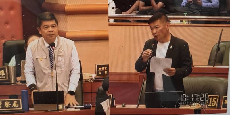 市议员陈家平（右）质疑交通罚单量增，交通事故死亡人数不减反增，建议嘉市警察局长陈明志（左）检讨开罚与降低交通事故效益关系。（撷取自市议会网站）