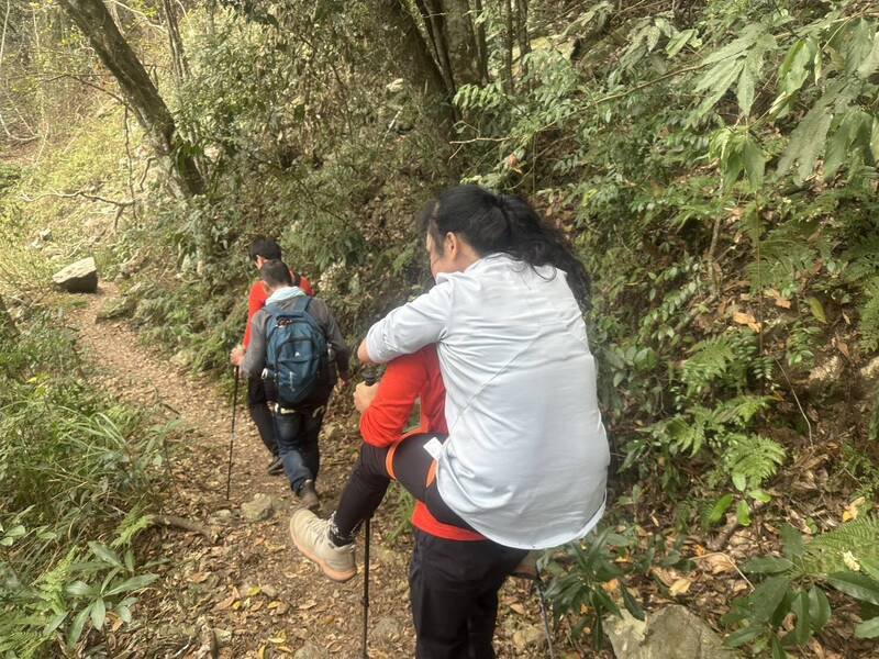 搜救人员已接触到2名被蜂螫伤的山友，并背女山友下山中。（民众提供）