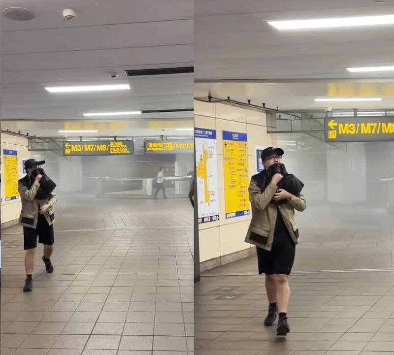 有网友在台北车站拍到张文投掷烟雾弹后，变装混入人群逃离案发现场的影片。（Threads@cheetah.333594）