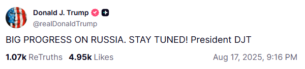 川普在Truth Social发文说「在俄罗斯问题上取得了重大进展」。（撷取自Truth Social）