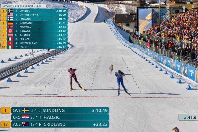 捷克狼犬突然出现在赛道上，随后跟著选手沿著终点直线一路狂奔。（美联社）